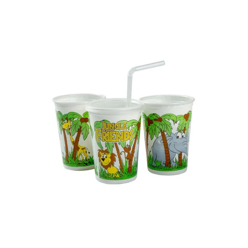 Cup, Lid & Straw Combo Kid With Flat Lid 12 OZ Plastic Multicolor Jungle 250 Count/Pack 1 Packs/Case 250 Count/Case