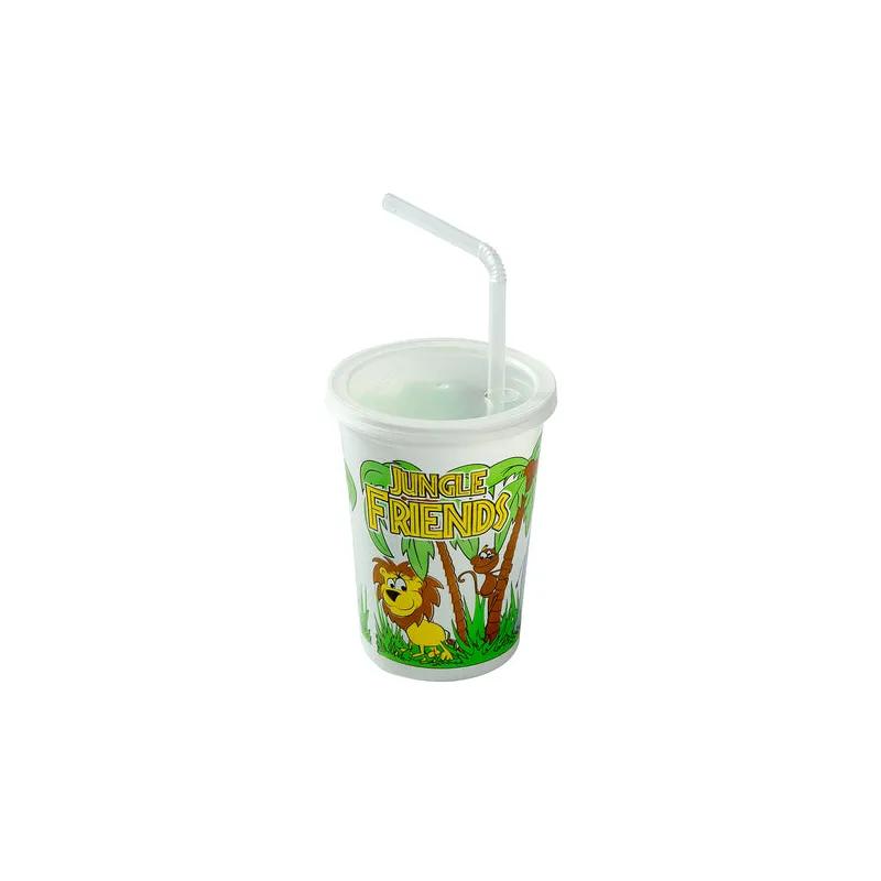 Cup, Lid & Straw Combo Kid With Flat Lid 12 OZ Plastic Multicolor Jungle 250 Count/Pack 1 Packs/Case 250 Count/Case