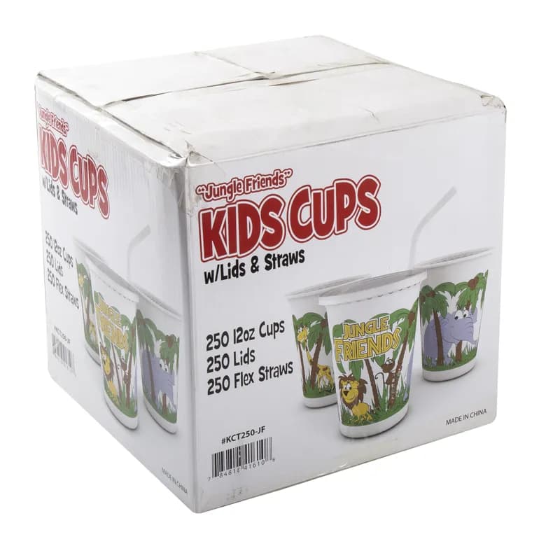 Cup, Lid & Straw Combo Kid With Flat Lid 12 OZ Plastic Multicolor Jungle 250 Count/Pack 1 Packs/Case 250 Count/Case