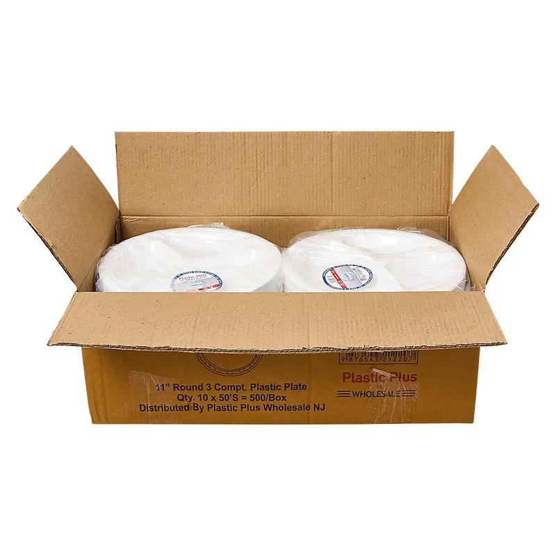Plastic Plus Plate 11 IN 3 Compartment Plastic 50 Count/Pack 10 Packs/Case 500 Count/Case