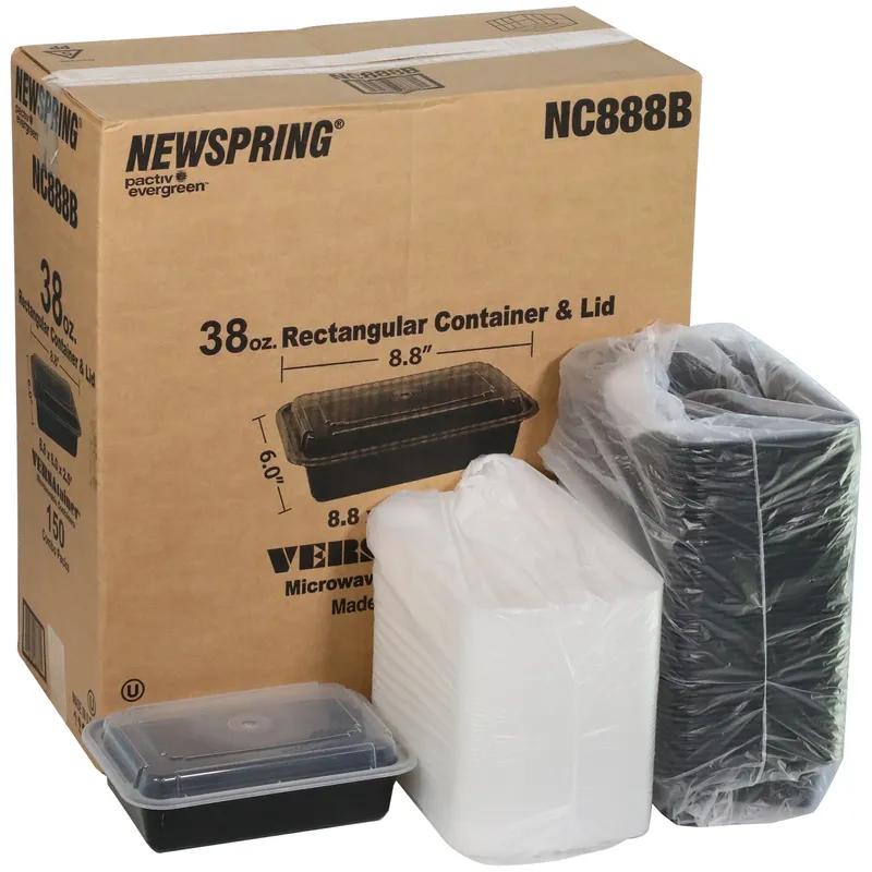 Take-Out Container Base & Lid Combo With Dome Lid 38 OZ PP Black Clear Rectangle 150/Case