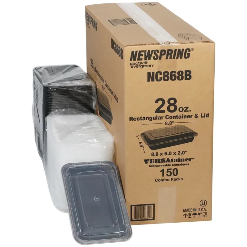 Take-Out Container Base & Lid Combo With Dome Lid 28 OZ PP Black Clear Rectangle 150/Case