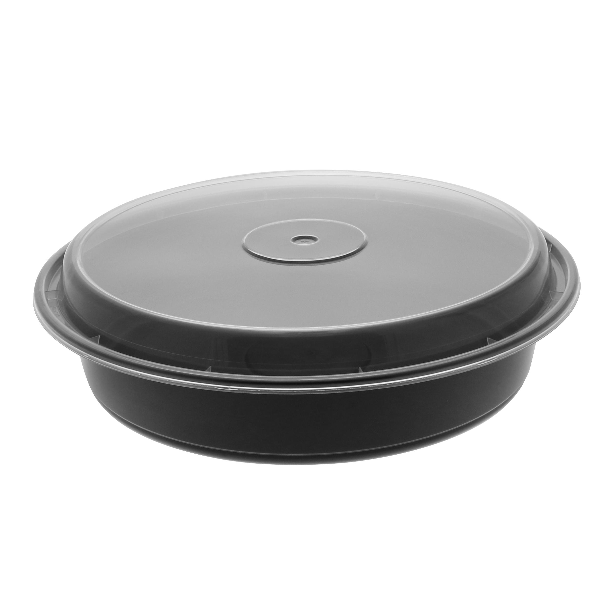 Take-Out Container Base & Lid Combo With Dome Lid 48 OZ PP Black Clear Round 150/Case