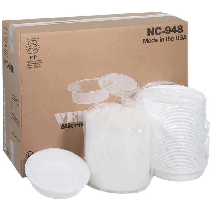 Take-Out Container Base & Lid Combo With Dome Lid 48 OZ PP White Clear Round 150/Case