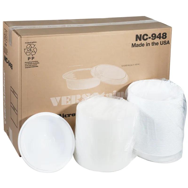 Take-Out Container Base & Lid Combo With Dome Lid 48 OZ PP White Clear Round 150/Case