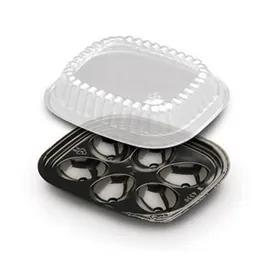 Egg Serving Tray Base & Lid Combo With Dome Lid 6 Compartment PET Black Clear 416/Case
