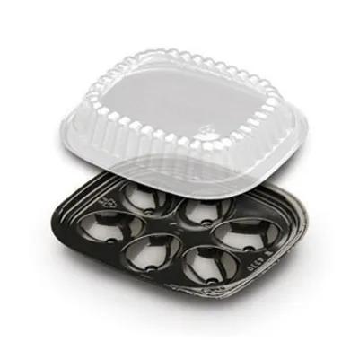 Egg Serving Tray Base & Lid Combo With Dome Lid 6 Compartment PET Black Clear 416/Case