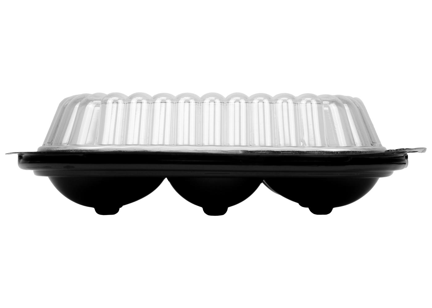 Egg Serving Tray Base & Lid Combo With Dome Lid 6 Compartment PET Black Clear 416/Case