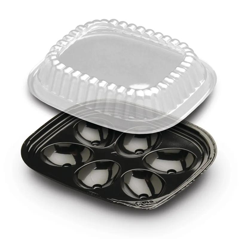 Egg Serving Tray Base & Lid Combo With Dome Lid 6 Compartment PET Black Clear 416/Case