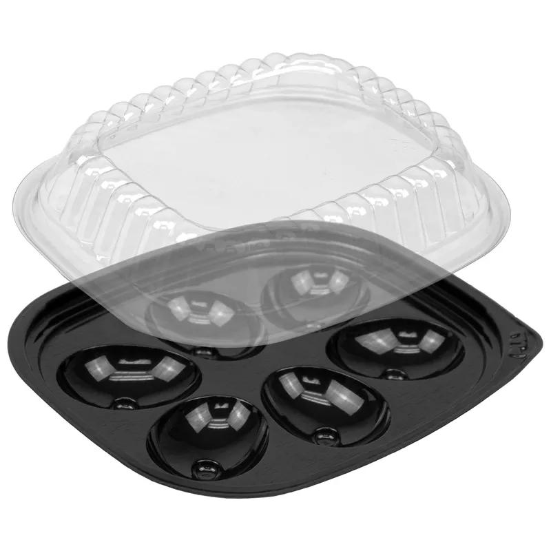 Egg Serving Tray Base & Lid Combo With Dome Lid 6 Compartment PET Black Clear 416/Case