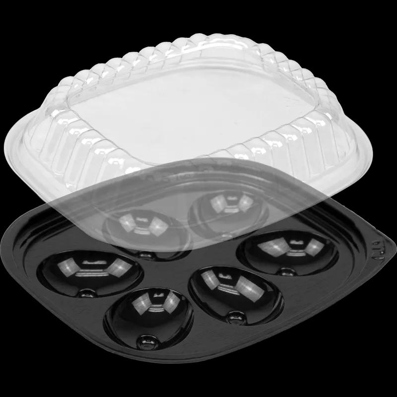 Egg Serving Tray Base & Lid Combo With Dome Lid 6 Compartment PET Black Clear 416/Case