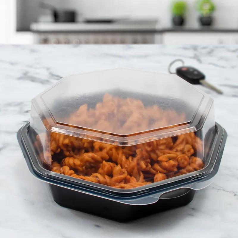 Solo® Creative Carryouts® OctaView® Take-Out Container Hinged 6.72X6.3X3.15 IN PET Black Clear Deep Leak Resistant 200/Case