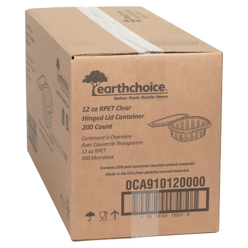 Deli Container Hinged With Flat Lid 12 OZ RPET Clear Rectangle 200/Case