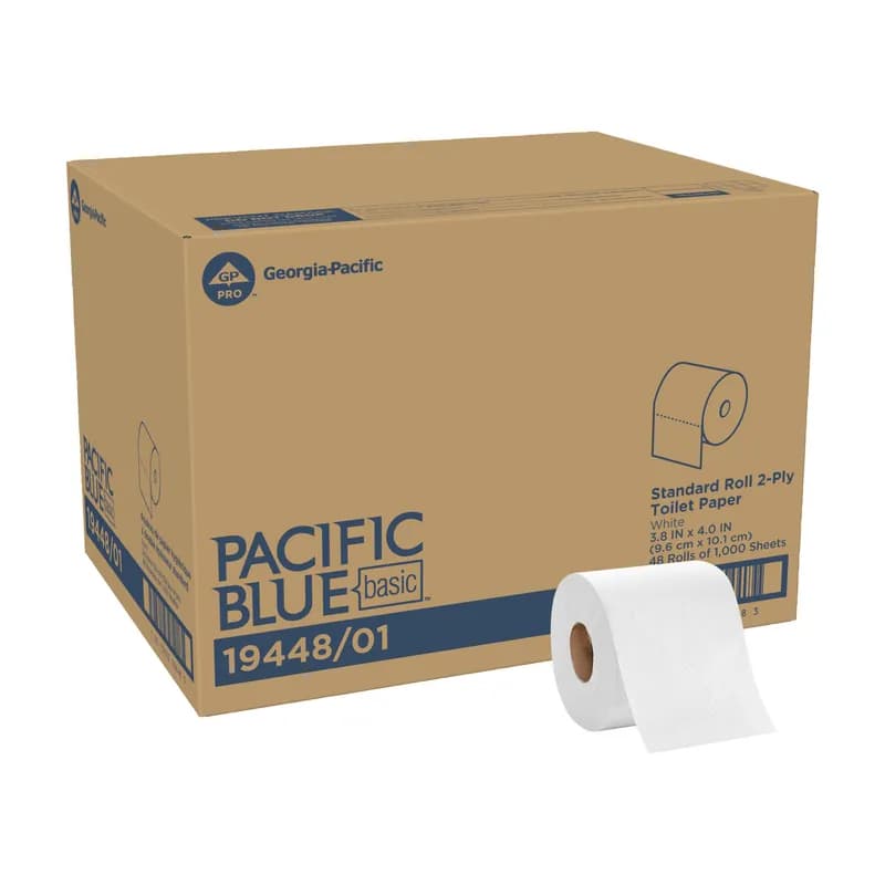 Pacific Blue Basic Toilet Paper & Tissue Roll 4X3.8 IN 2PLY White Standard EPA Indicator 1000 Sheets/Roll 48 Rolls/Case