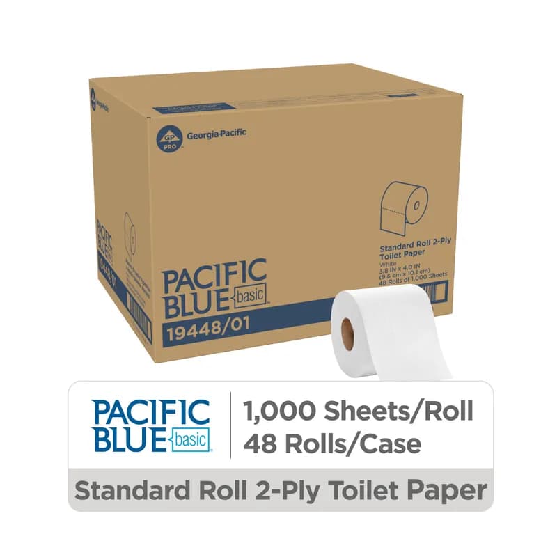 Pacific Blue Basic Toilet Paper & Tissue Roll 4X3.8 IN 2PLY White Standard EPA Indicator 1000 Sheets/Roll 48 Rolls/Case