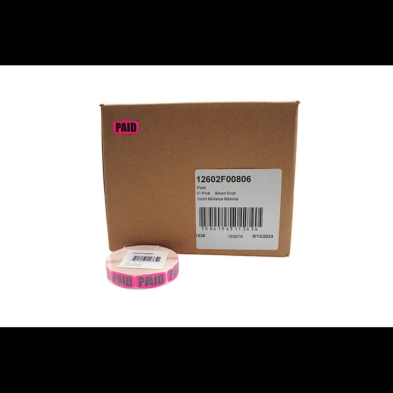 Paid Label Fluorescent Pink Short Oval 1000 Count/Roll 60 Rolls/Case 60000 Count/Case