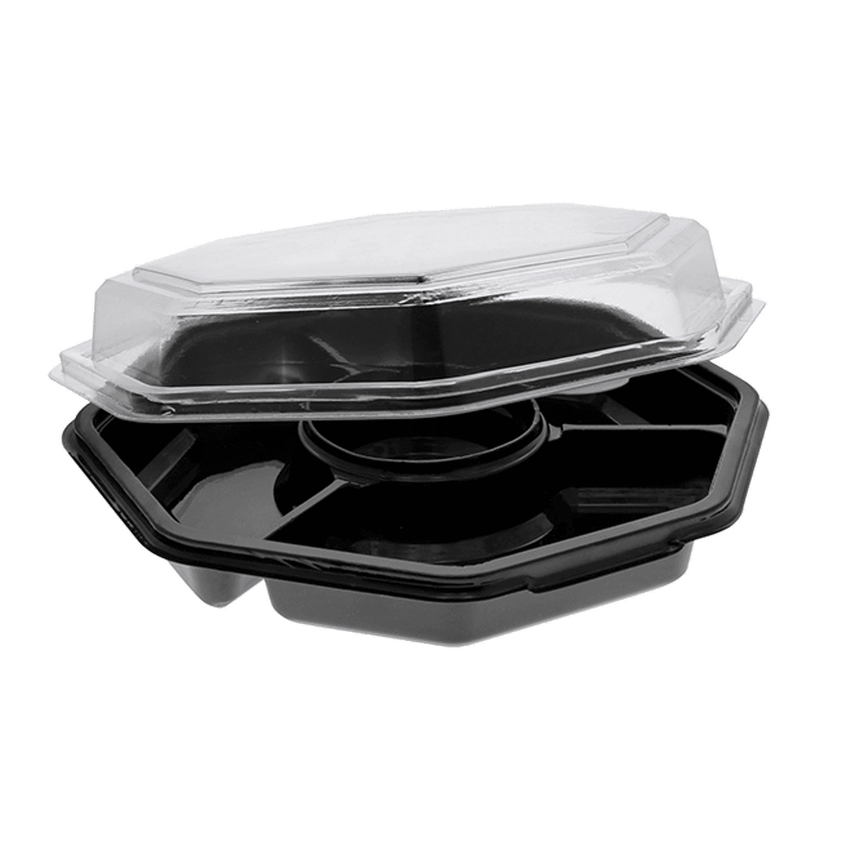 Take-Out Tray Hinged 8.2X2.4 IN 5 Compartment RPET Black Clear Octagon 150/Case