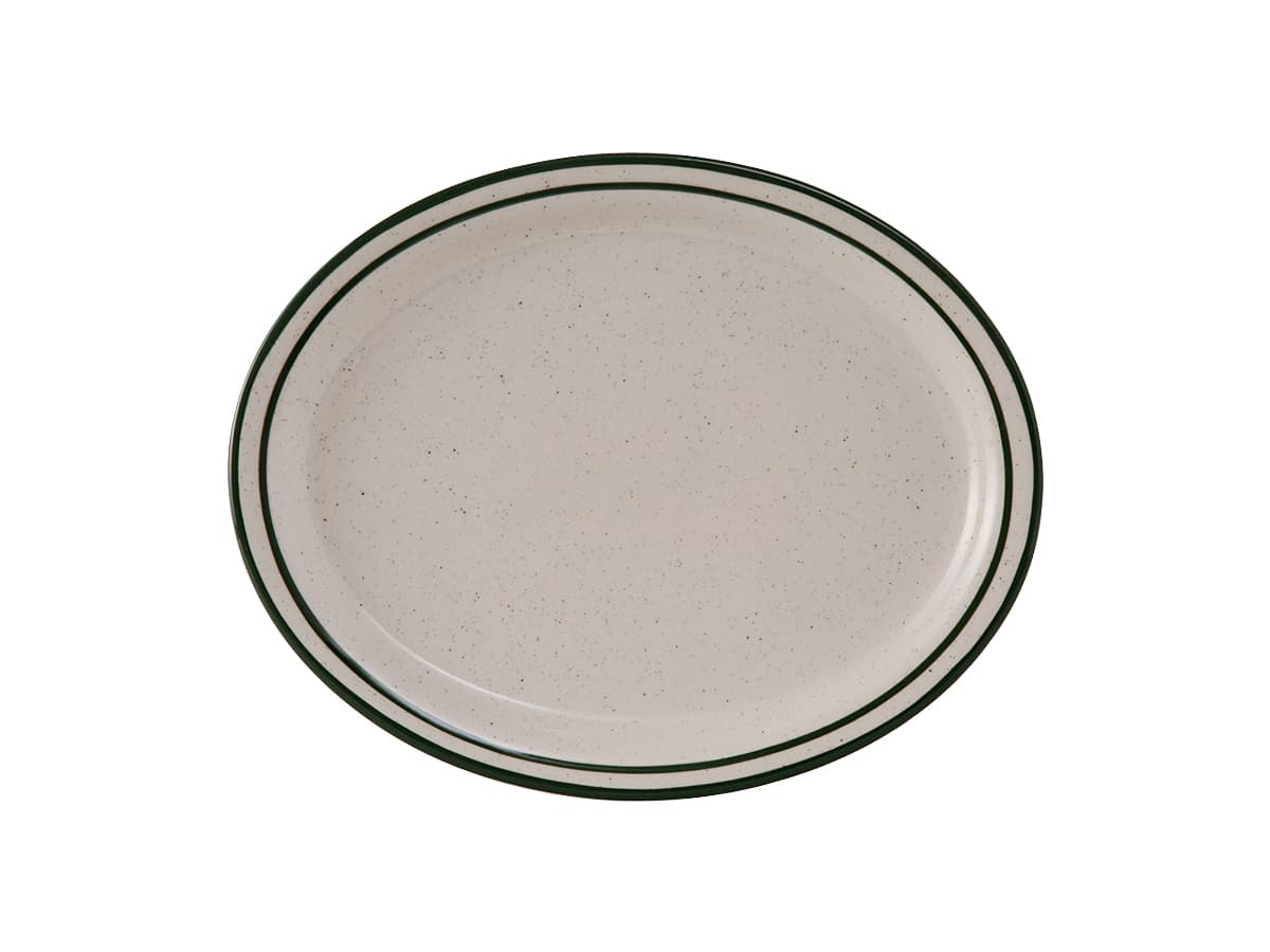Emerald Collection Platter 9.5X7.5 IN China Eggshell Green Oval Narrow Rim Banded Speckled Fully Vitrified 24/Case