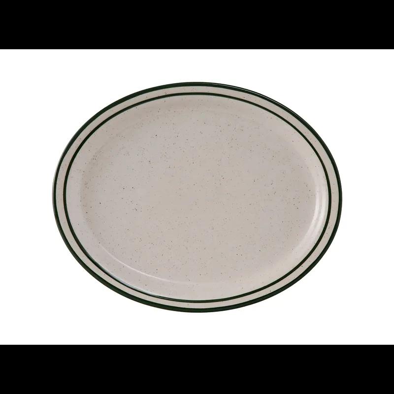 Emerald Collection Platter 11.5X9.125 IN China Eggshell Green Oval Narrow Rim Banded Speckled Fully Vitrified 12/Case