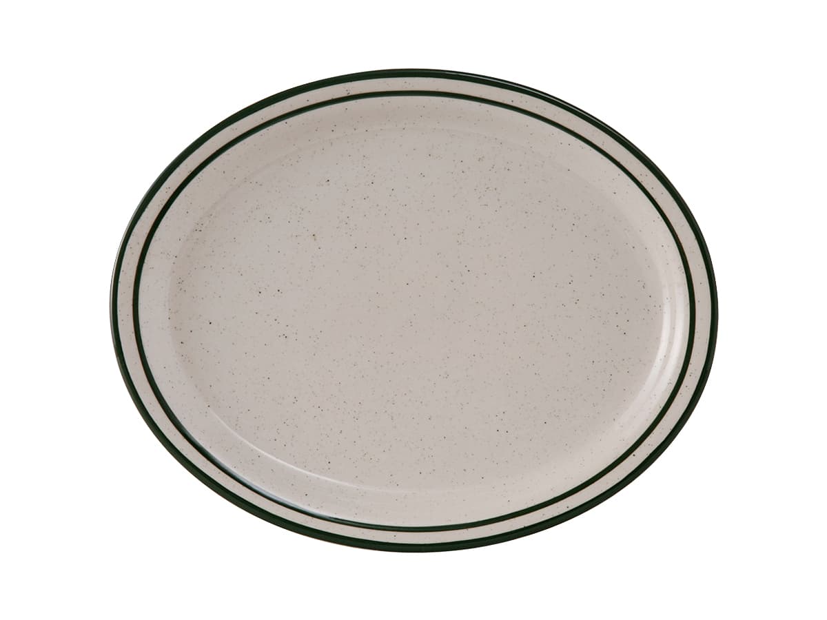 Emerald Collection Platter 11.5X9.125 IN China Eggshell Green Oval Narrow Rim Banded Speckled Fully Vitrified 12/Case