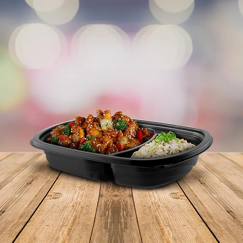 Take-Out Container Base 8 OZ 2 Compartment PP Black Rectangle Microwave Safe 252/Case