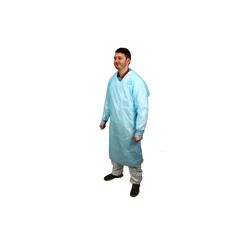 Apron 45 IN Blue 4MIL Chlorinated Polyethylene (CPE) Thumb Hole Sleeves Long Sleeve 100/Case