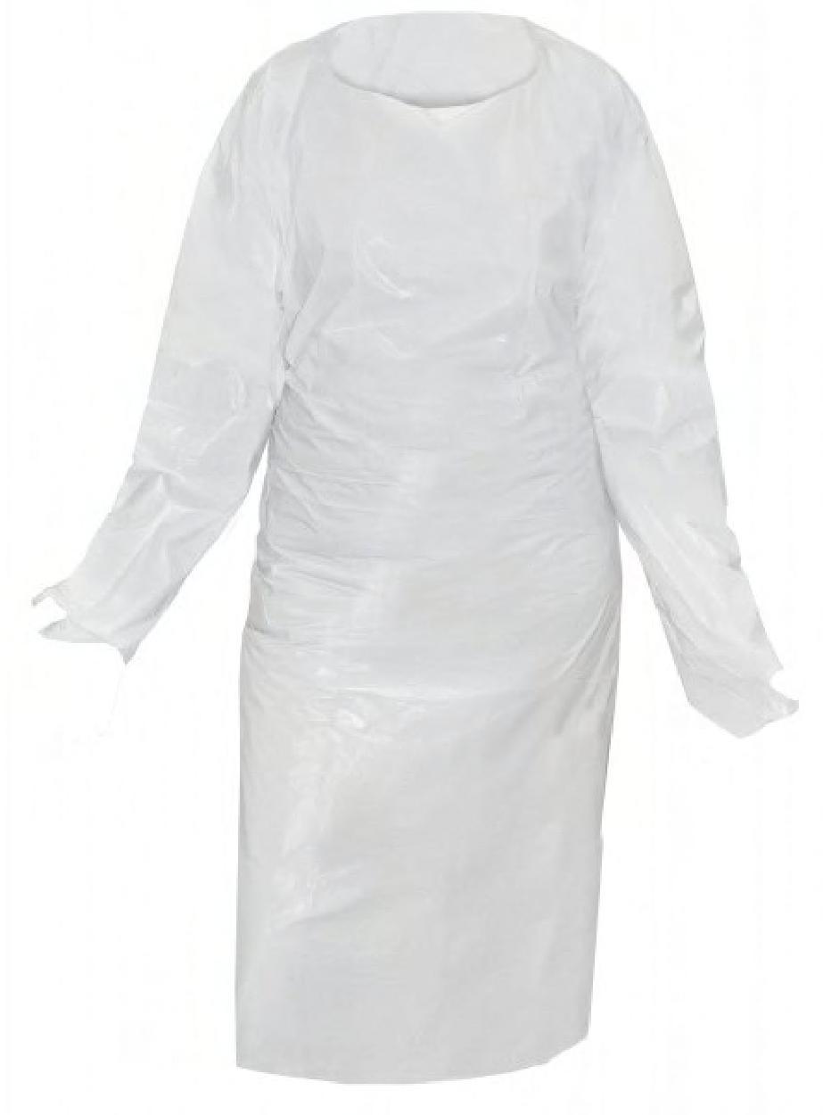Gown 45 IN White 1.75MIL Chlorinated Polyethylene (CPE) Thumb Hole Sleeves Long Sleeve 100/Case