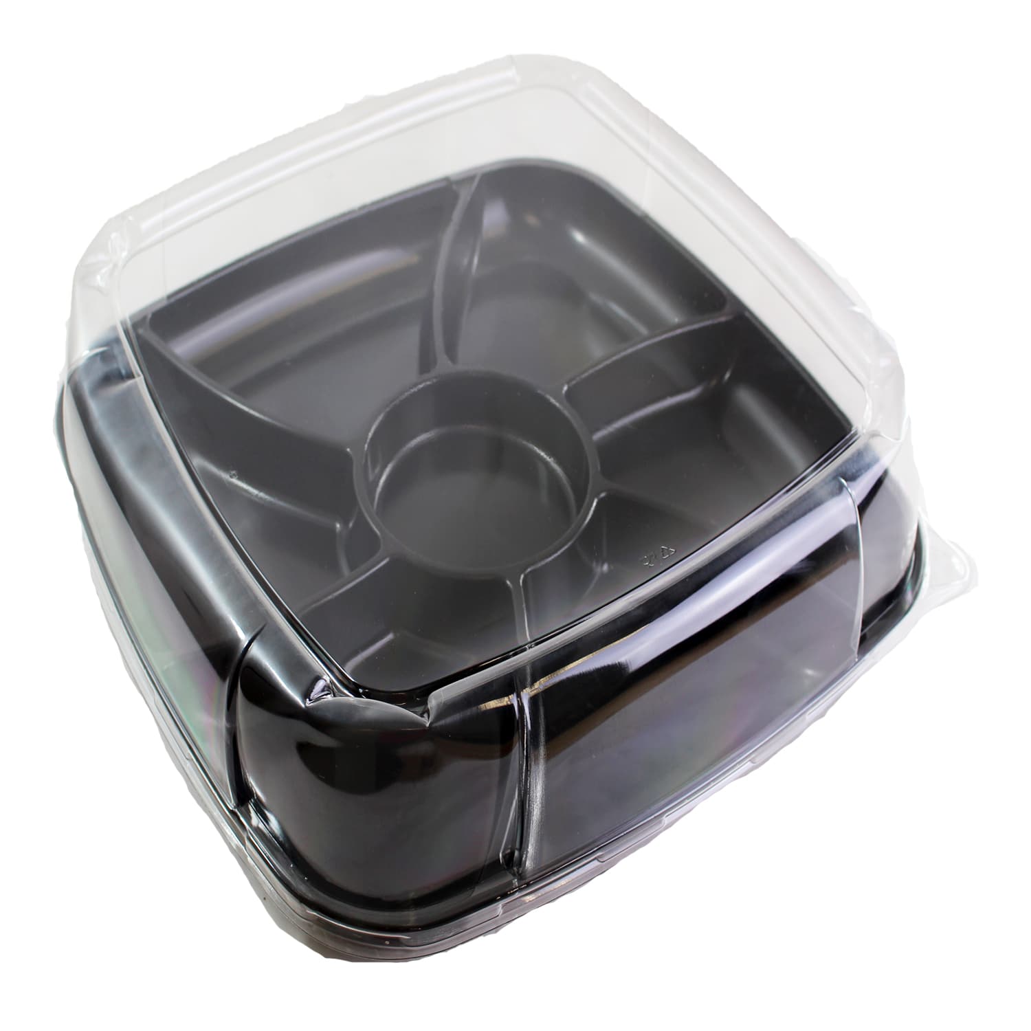 Serving Tray With Dome Lid 16 IN 6 Compartment PET Black Clear Square 20/Case