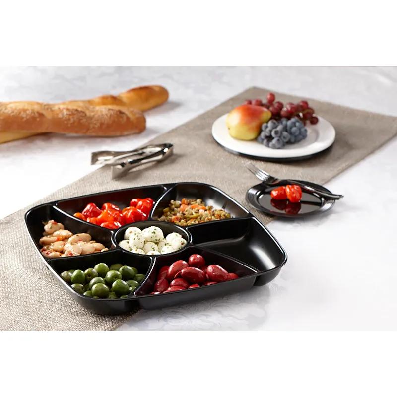 Serving Tray With Dome Lid 16 IN 6 Compartment PET Black Clear Square 20/Case