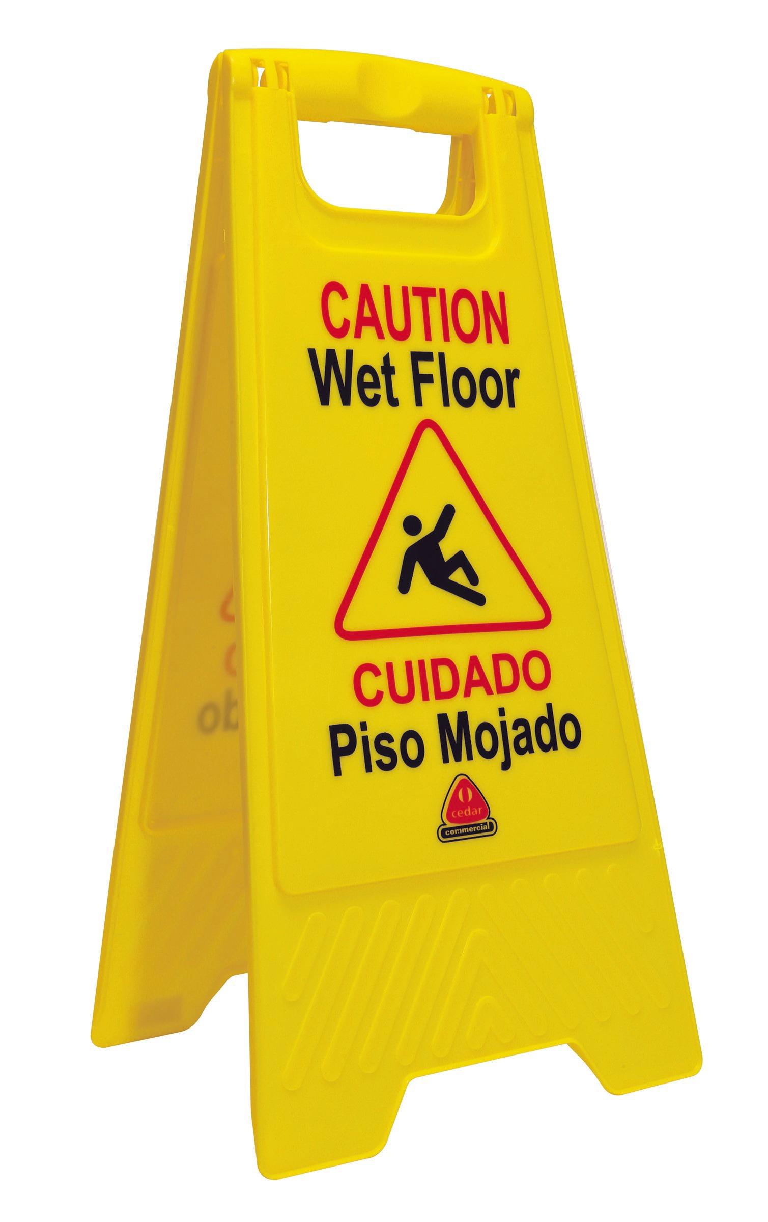 O-Cedar® Wet Floor Sign 26X12X1 IN Yellow Black Multilingual 2-Sided Heavy Duty Fold-Flat Design 1/Each