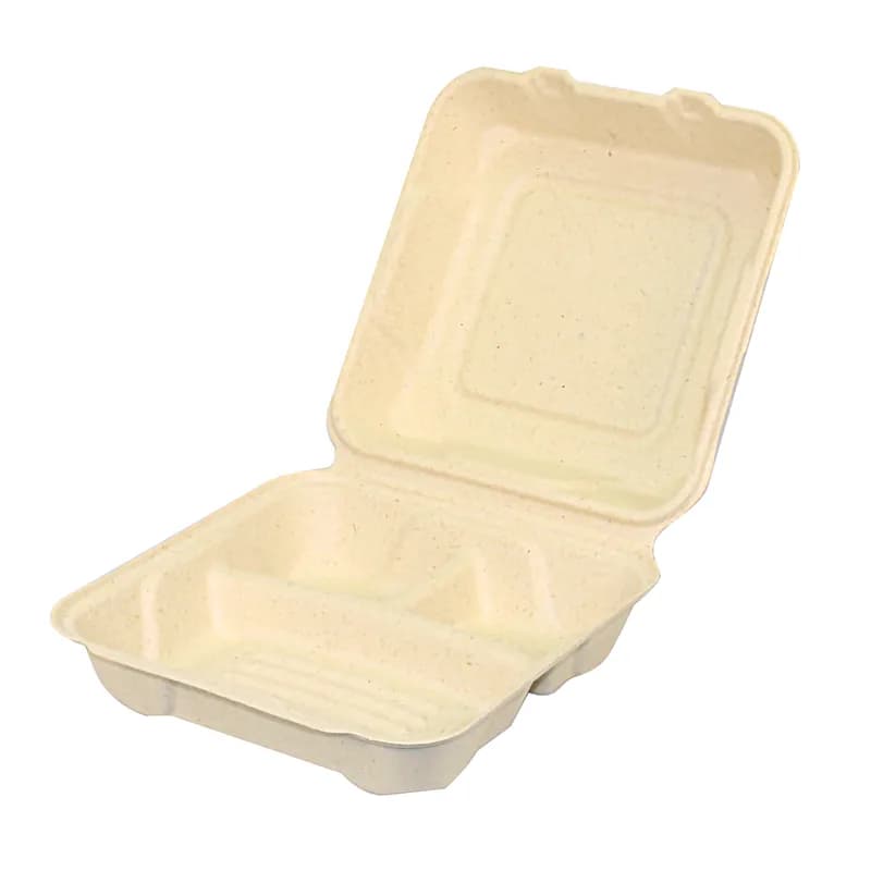 Greenware® Take-Out Container Hinged With Dome Lid 9.3X9.1X3.3 IN 3 Compartment Molded Fiber Natural Square 200/Case