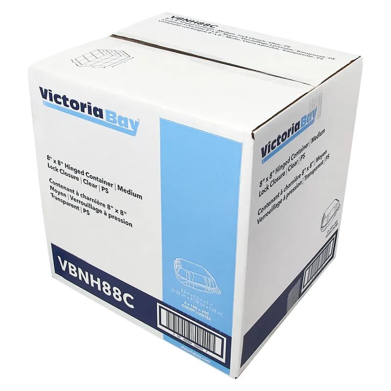 Victoria Bay Take-Out Container Hinged Medium (MED) 8X8X3 IN PS Clear Square Lock 100 Count/Pack 2 Packs/Case