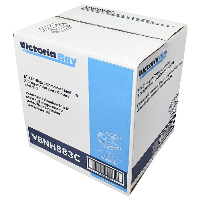 Victoria Bay Take-Out Container Hinged Medium (MED) 8X8 IN 3 Compartment PS Clear Square Lock 100 Count/Pack 2 Packs/Case 200 Count/Case