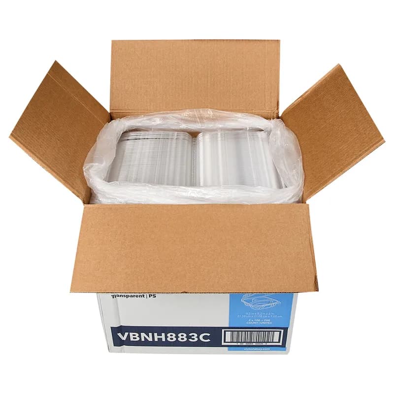 Victoria Bay Take-Out Container Hinged Medium (MED) 8X8 IN 3 Compartment PS Clear Square Lock 100 Count/Pack 2 Packs/Case 200 Count/Case