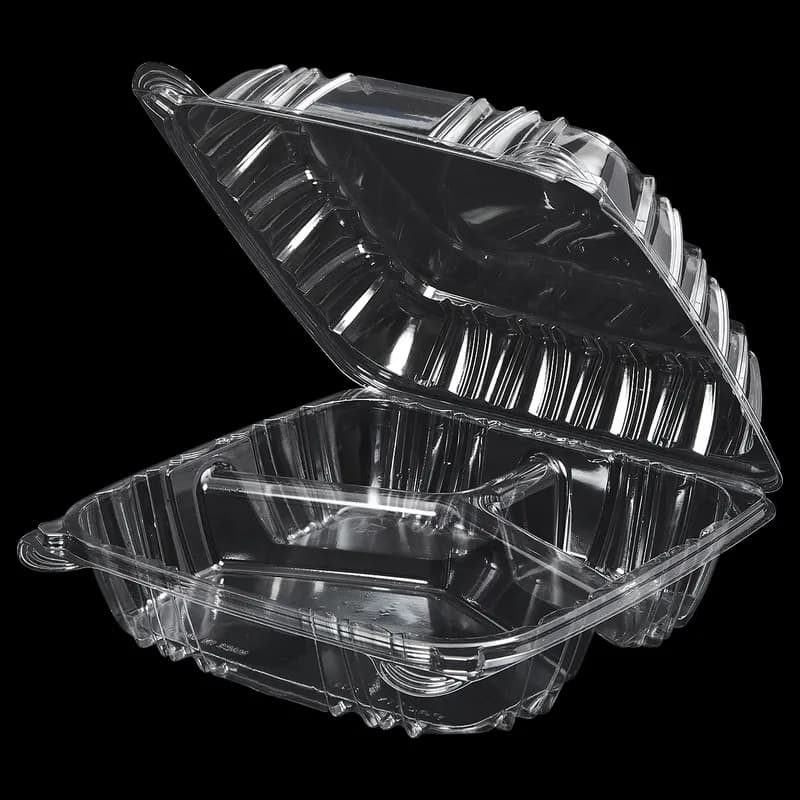 Victoria Bay Take-Out Container Hinged Medium (MED) 8X8 IN 3 Compartment PS Clear Square Lock 100 Count/Pack 2 Packs/Case 200 Count/Case