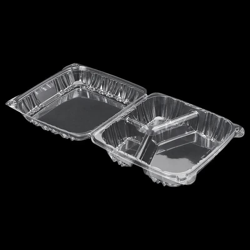 Victoria Bay Take-Out Container Hinged Medium (MED) 8X8 IN 3 Compartment PS Clear Square Lock 100 Count/Pack 2 Packs/Case 200 Count/Case