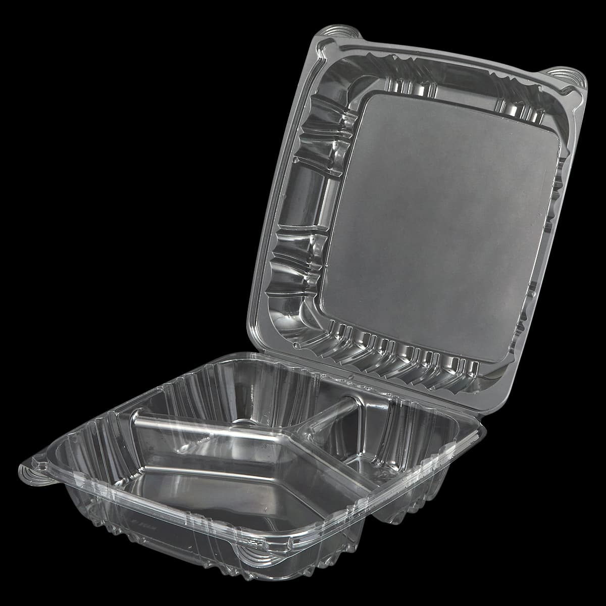 Victoria Bay Take-Out Container Hinged Large (LG) 9X9 IN 3 Compartment PS Clear Square Lock 100 Count/Pack 2 Packs/Case 200 Count/Case