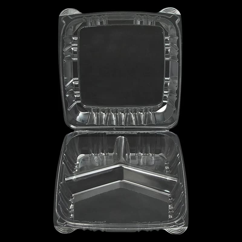 Victoria Bay Take-Out Container Hinged Large (LG) 9X9 IN 3 Compartment PS Clear Square Lock 100 Count/Pack 2 Packs/Case 200 Count/Case