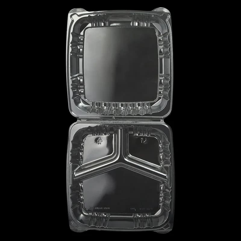 Victoria Bay Take-Out Container Hinged Large (LG) 9X9 IN 3 Compartment PS Clear Square Lock 100 Count/Pack 2 Packs/Case 200 Count/Case