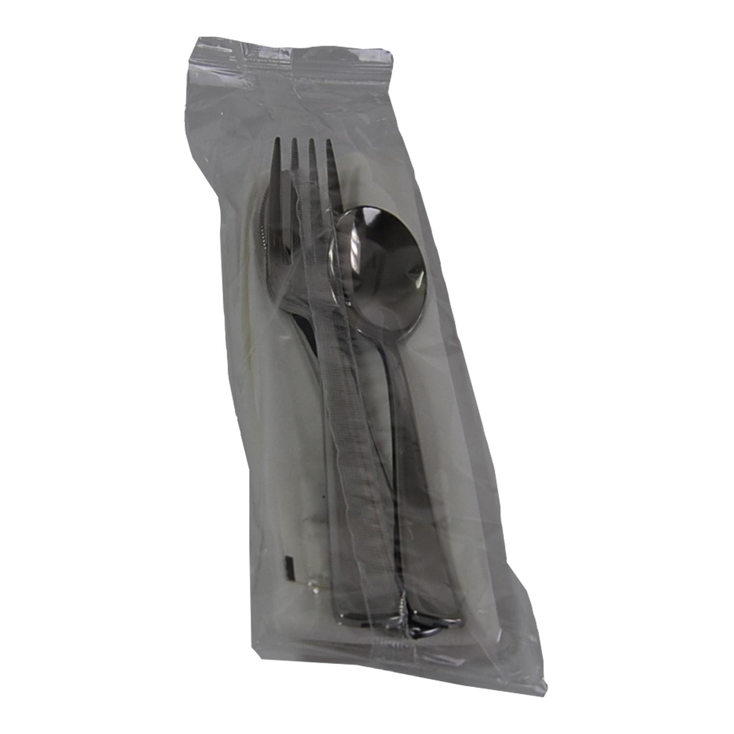 6PC Cutlery Kit PLA Silver With Napkin,Fork,Knife,Salt & Pepper,Soup Spoon 100/Case