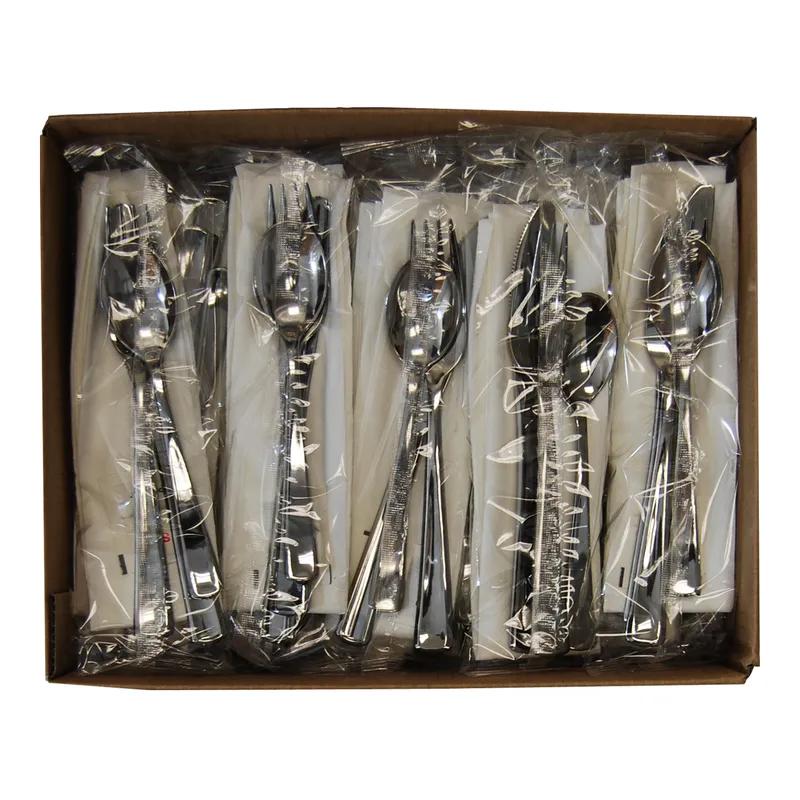 6PC Cutlery Kit PLA Silver With Napkin,Fork,Knife,Salt & Pepper,Soup Spoon 100/Case