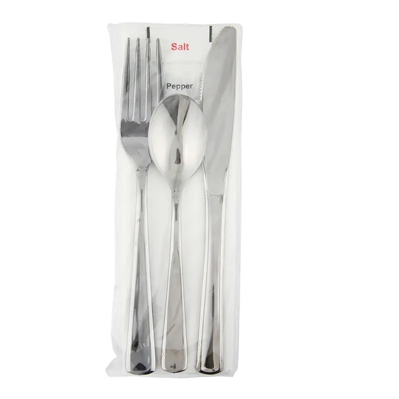 6PC Cutlery Kit PLA Silver With Napkin,Fork,Knife,Salt & Pepper,Soup Spoon 100/Case