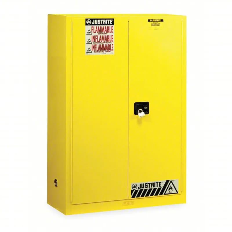 JUSTRITE Flammables Safety Cabinet 43X18X65 IN 45 GAL Yellow Powder Coated Metal Steel Manual Close 1/Each