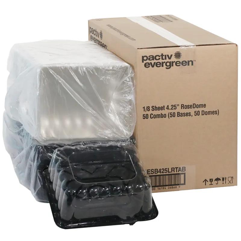 RoseDome Cake Container & Lid Combo With Dome Lid 1/8 Size 11X9X4.25 IN PET Clear Black Rectangle Long Tab 50/Case