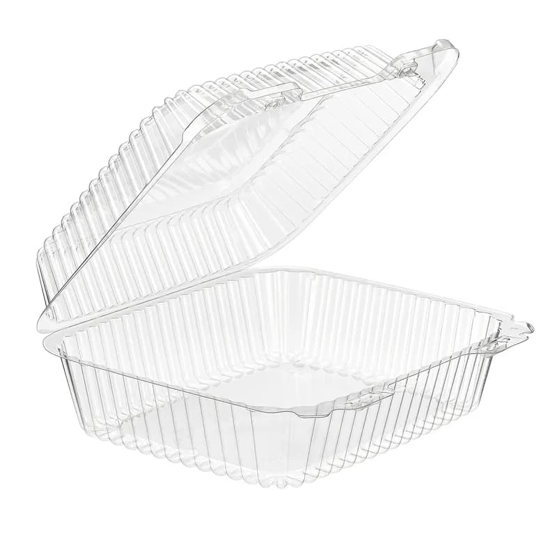Essentials Take-Out Container Hinged With Dome Lid 8.4375X7.9375X3.3125 IN RPET Clear Rectangle Bar Lock 200/Case