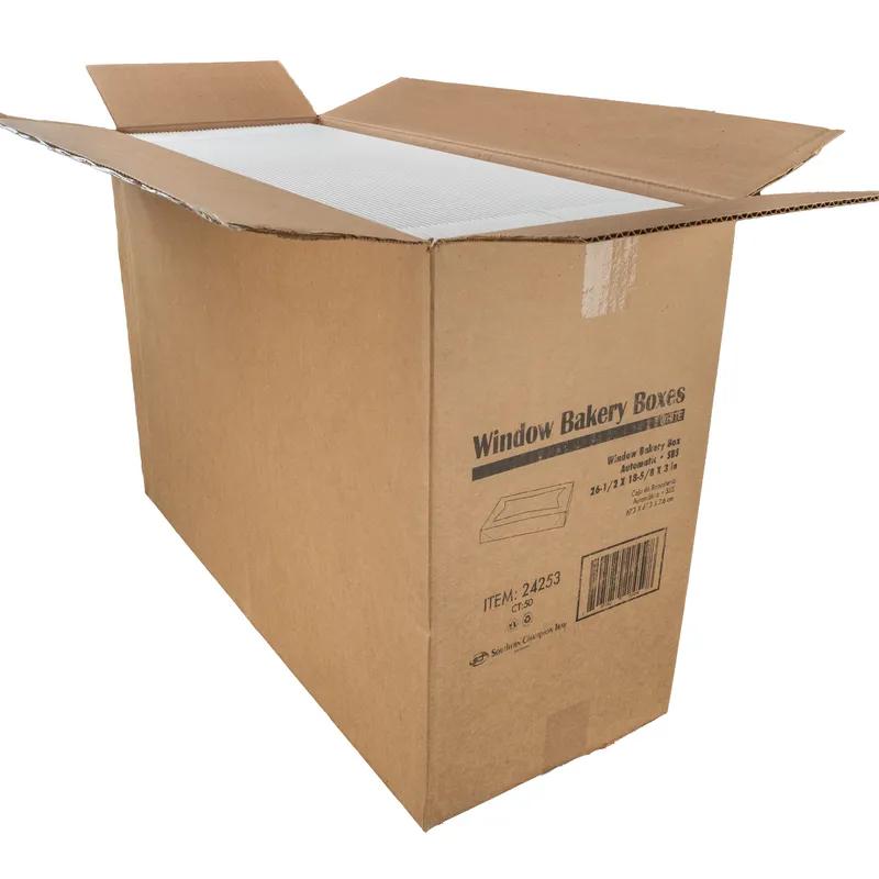 Bakery Box Top 26.5X19X3 IN SBS Paperboard White Rectangle 4 Corner Beers With Window 50/Case