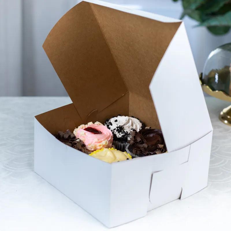 Bakery Box 8X8X4 IN Clay-Coated Kraft Board White Kraft Square Lock Corner Tuck Top 250/Bundle