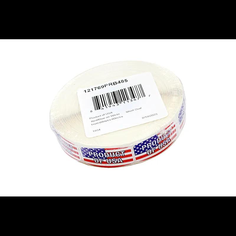 Product of USA Origin Label 0.625X1.25 IN Red Blue White Short Oval 1000 Count/Roll 60 Rolls/Case 60000 Count/Case