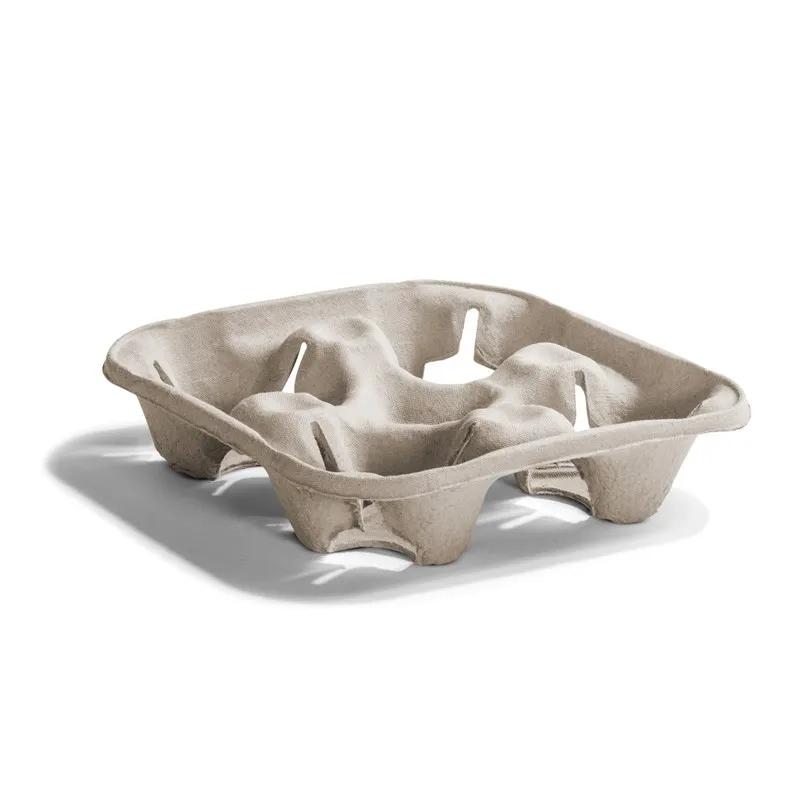 StrongHolder® Cup Carrier 8.5X8.5X2 IN 4 Compartment Molded Fiber Kraft For 8-32 OZ Without Handle Reusable 300/Case