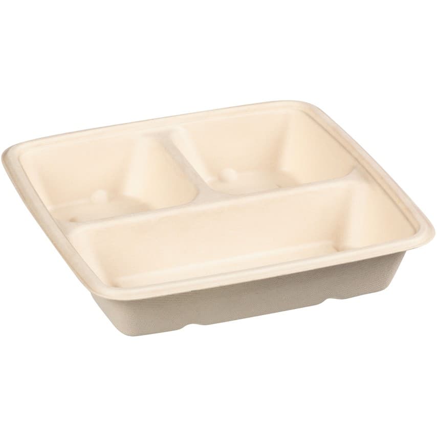 Take-Out Container Base 8.9X8.9X1.77 IN 3 Compartment Pulp Fiber Kraft Square 300/Case